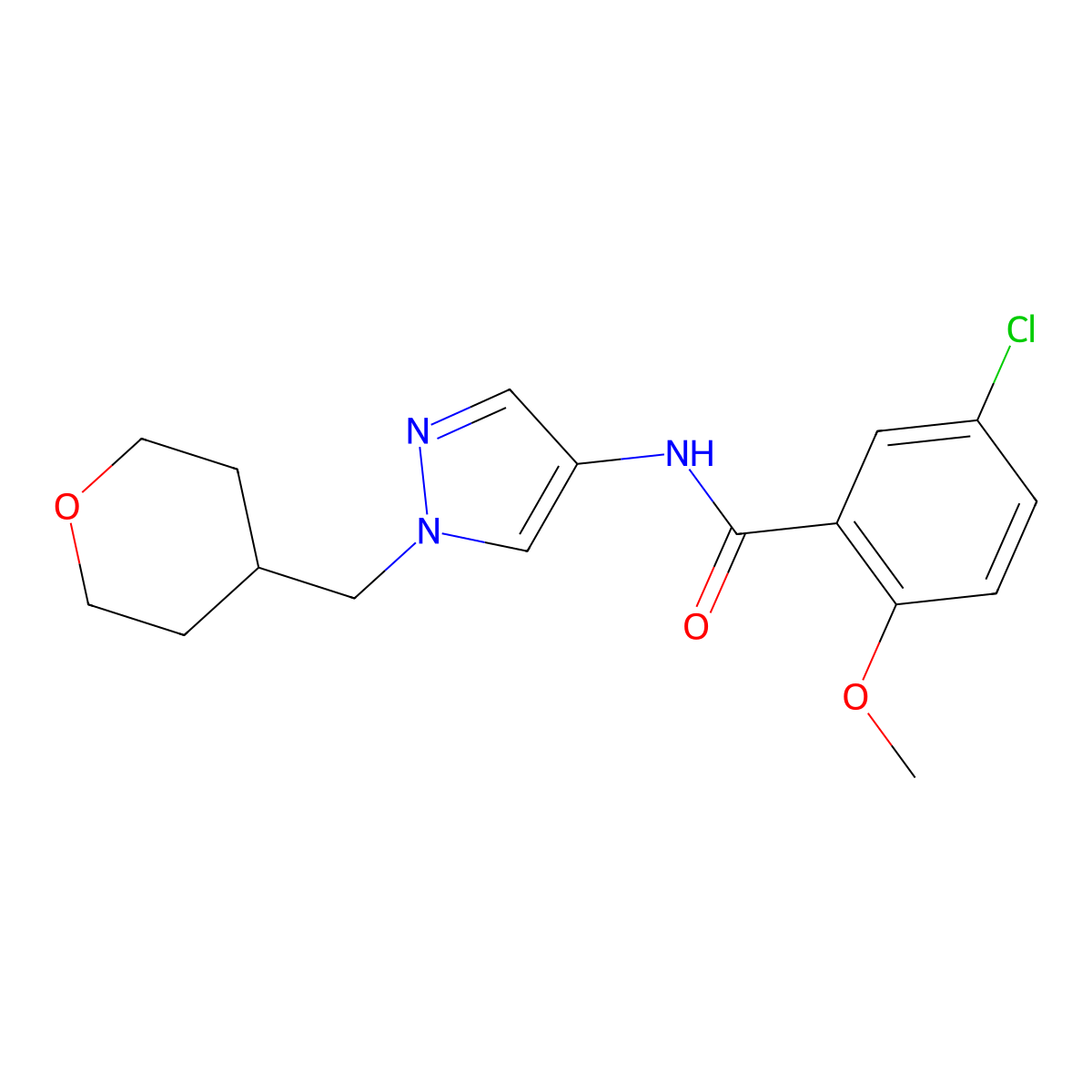 5-chloro-2-methoxy-N-(1-((tetrahydro-2H-pyran-4-yl)methyl)-1H-pyrazol-4-yl)benzamide molecular structure, CAS 1788677-58-6