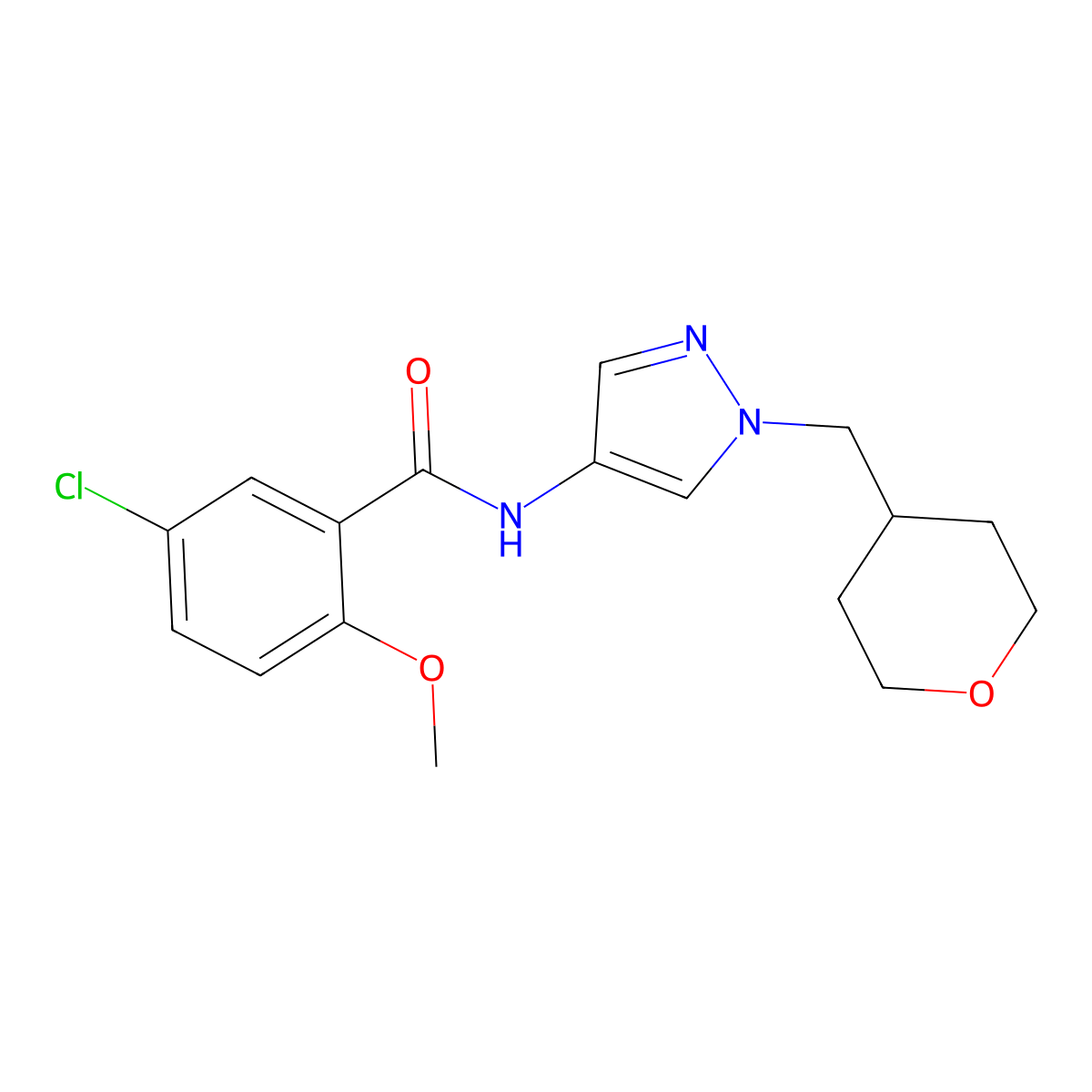 5-chloro-2-methoxy-N-(1-((tetrahydro-2H-pyran-4-yl)methyl)-1H-pyrazol-4-yl)benzamide molecular structure, CAS 1788677-58-6