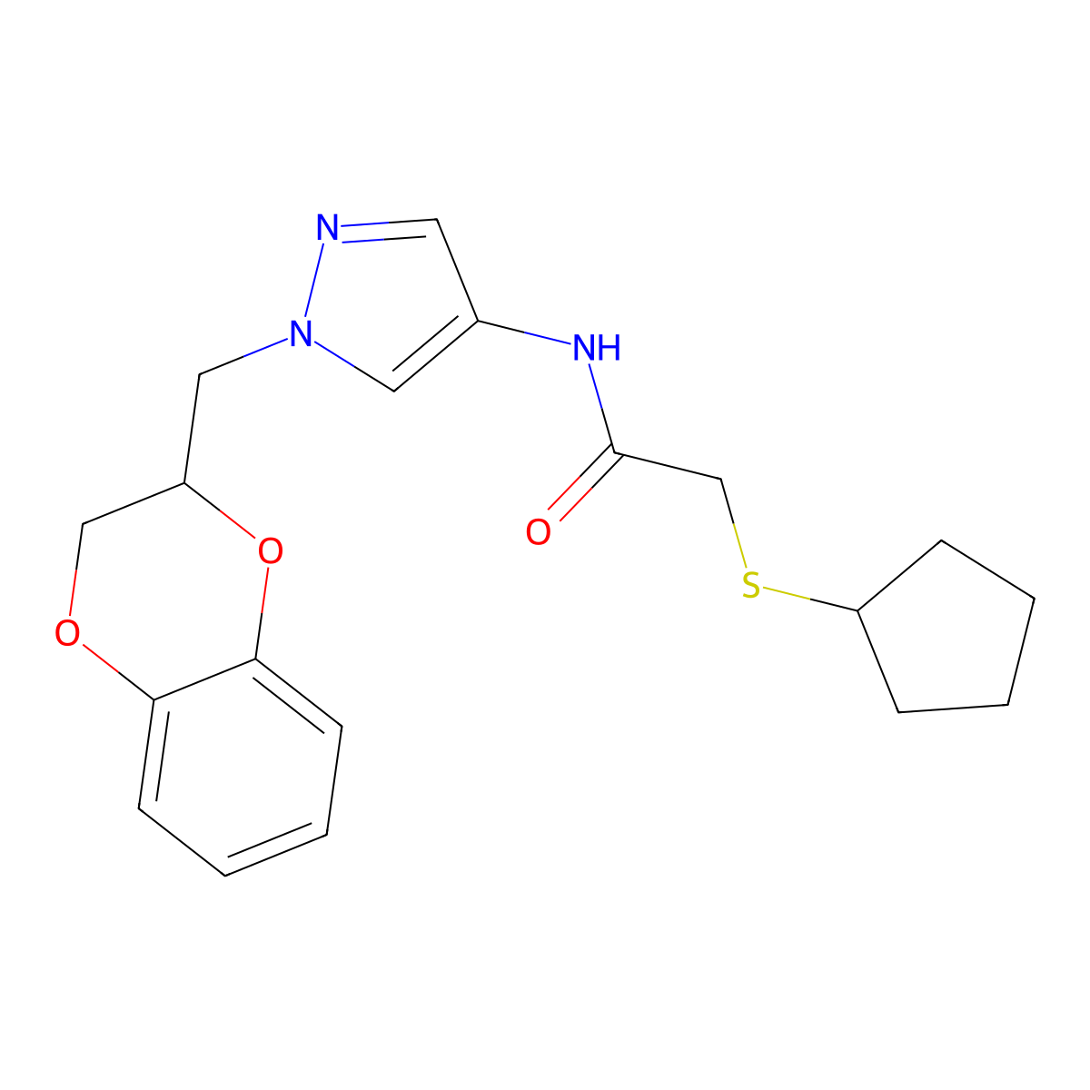2-(cyclopentylthio)-N-(1-((2,3-dihydrobenzo[b][1,4]dioxin-2-yl)methyl)-1H-pyrazol-4-yl)acetamide molecular structure, CAS 1788677-60-0