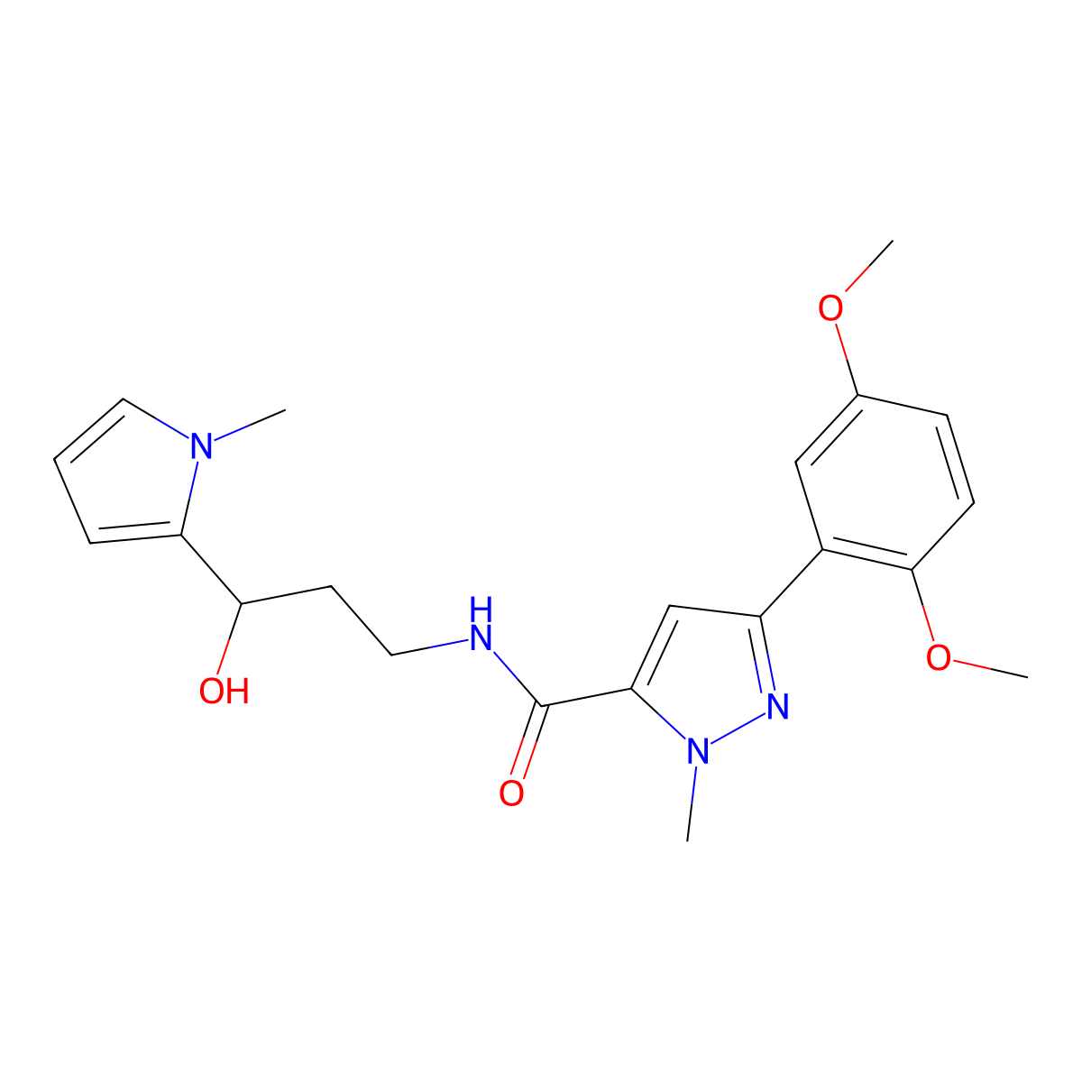 3-(2,5-dimethoxyphenyl)-N-[3-hydroxy-3-(1-methyl-1H-pyrrol-2-yl)propyl]-1-methyl-1H-pyrazole-5-carboxamide molecular structure, CAS 1788677-77-9
