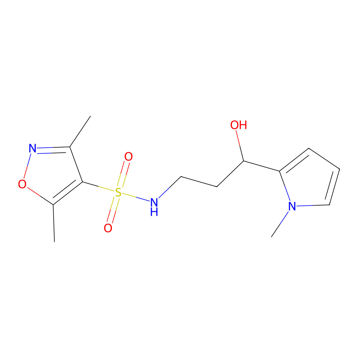 N-(3-hydroxy-3-(1-methyl-1H-pyrrol-2-yl)propyl)-3,5-dimethylisoxazole-4-sulfonamide molecular structure, CAS 1788677-85-9