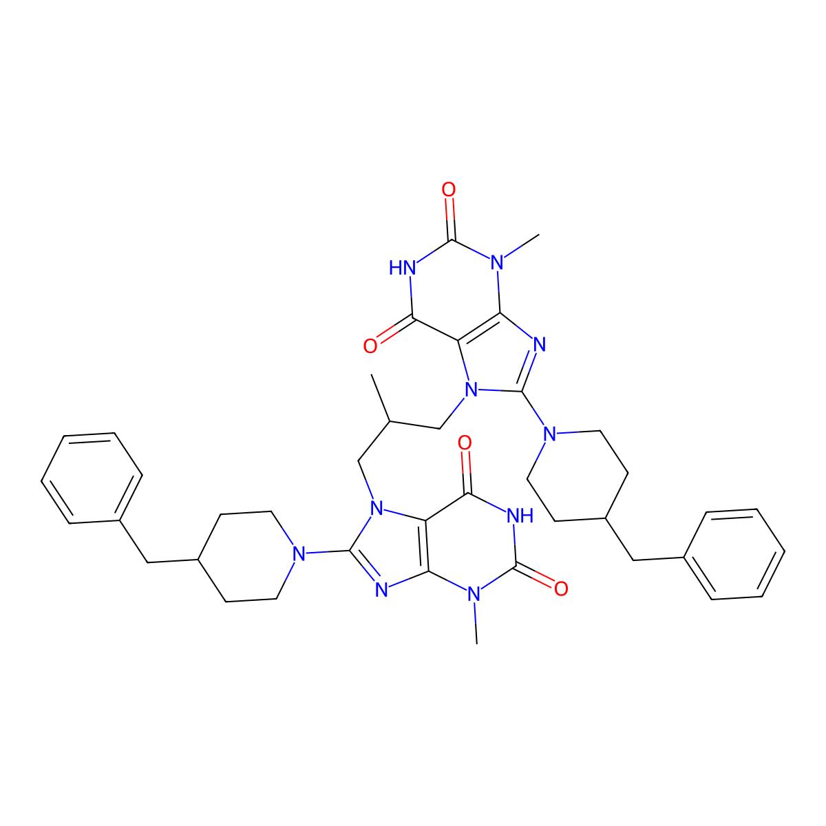8-(4-benzylpiperidin-1-yl)-7-(2-{[8-(4-benzylpiperidin-1-yl)-3-methyl-2,6-dioxo-2,3,6,7-tetrahydro-1H-purin-7-yl]methyl}propyl)-3-methyl-2,3,6,7-tetrahydro-1H-purine-2,6-dione molecular structure, CAS 1788678-08-9