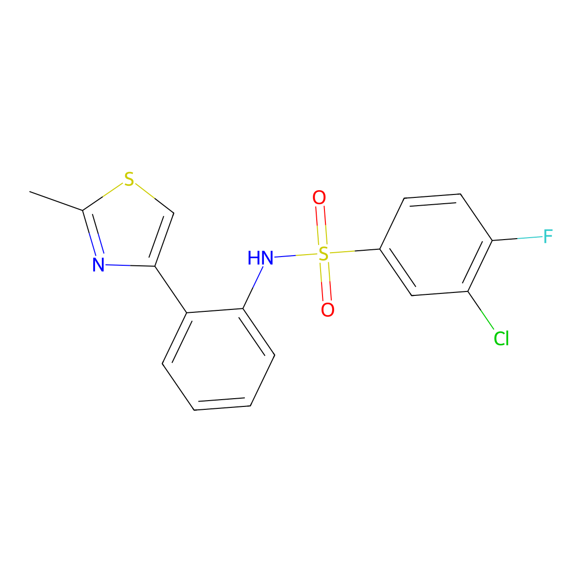 3-chloro-4-fluoro-N-(2-(2-methylthiazol-4-yl)phenyl)benzenesulfonamide molecular structure, CAS 1788678-69-2