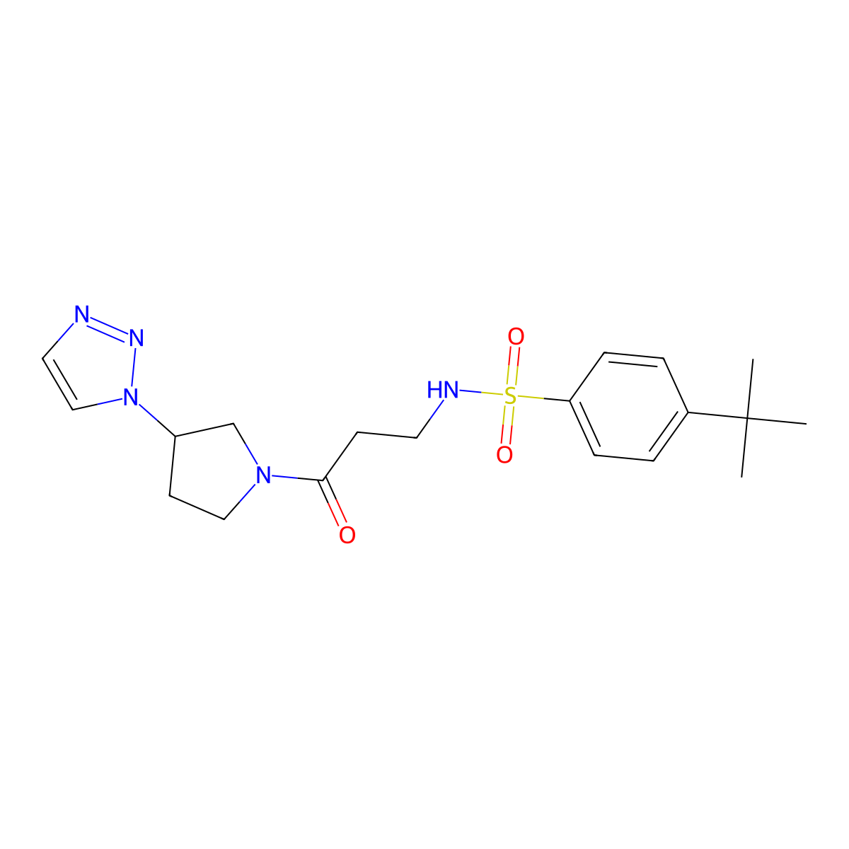 N-(3-(3-(1H-1,2,3-triazol-1-yl)pyrrolidin-1-yl)-3-oxopropyl)-4-(tert-butyl)benzenesulfonamide molecular structure, CAS 1788679-05-9