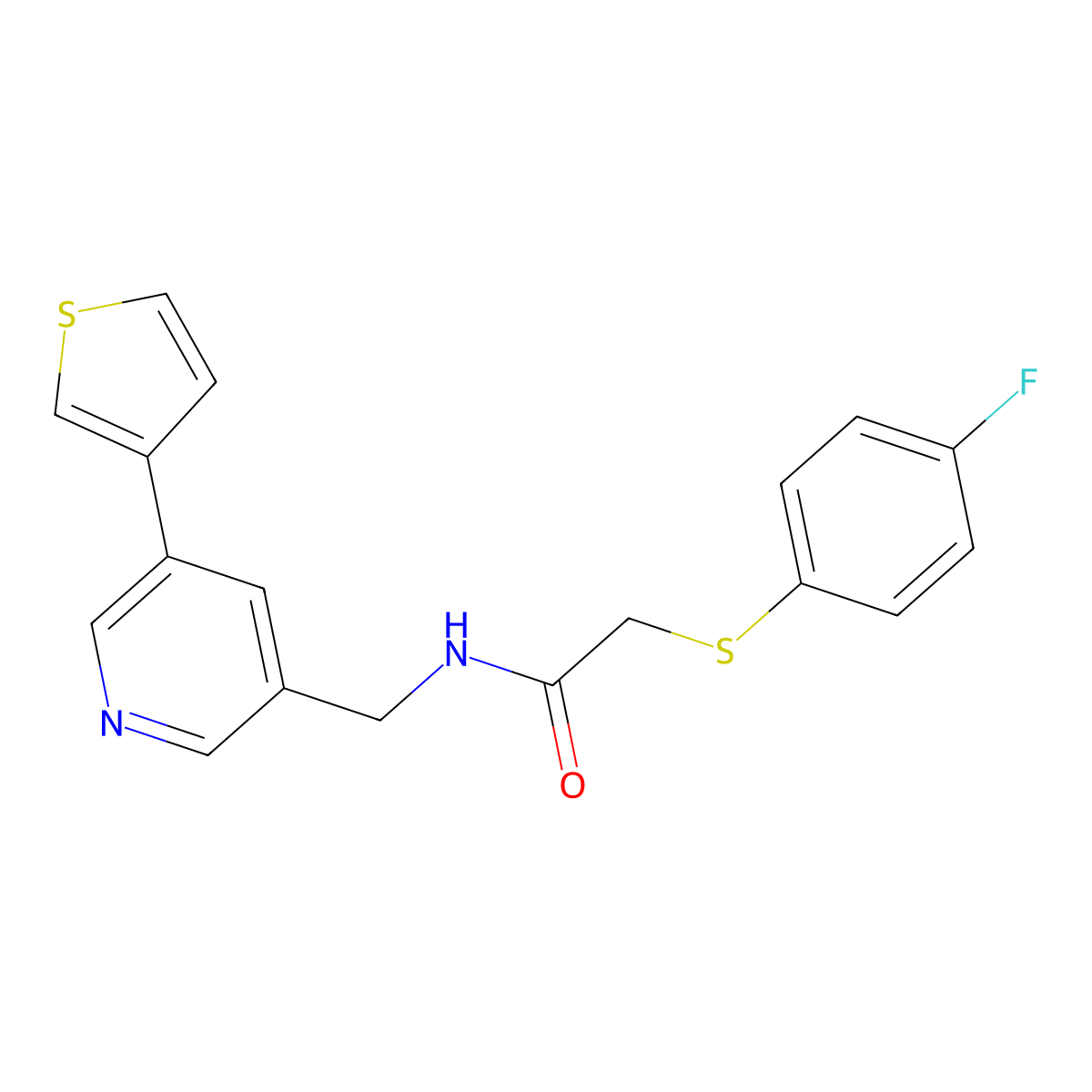 2-((4-fluorophenyl)thio)-N-((5-(thiophen-3-yl)pyridin-3-yl)methyl)acetamide molecular structure, CAS 1788679-39-9