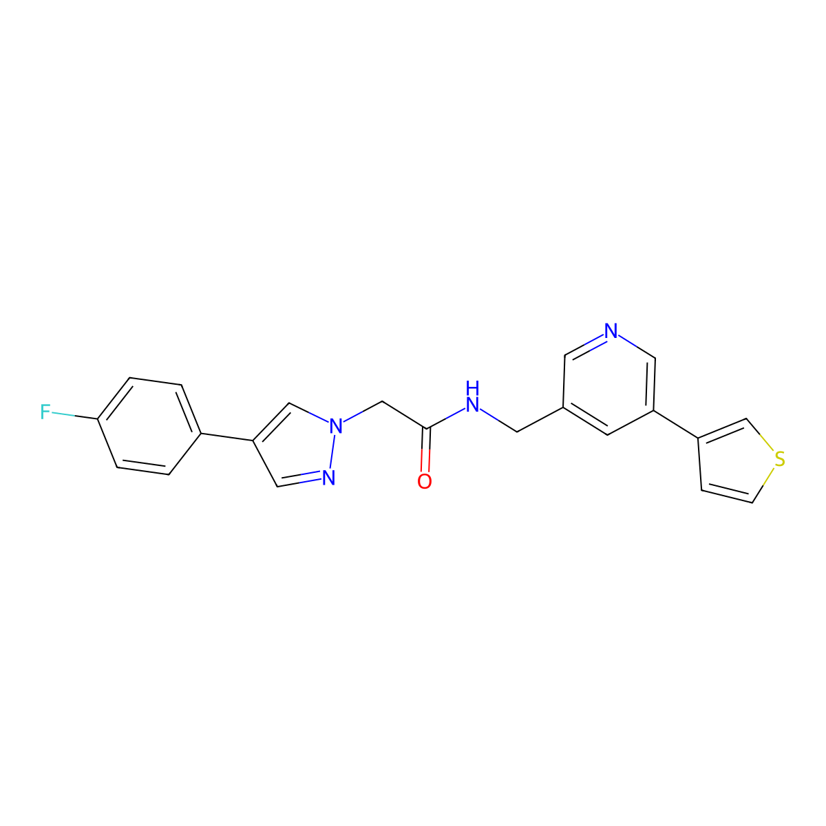 2-(4-(4-fluorophenyl)-1H-pyrazol-1-yl)-N-((5-(thiophen-3-yl)pyridin-3-yl)methyl)acetamide molecular structure, CAS 1788679-43-5