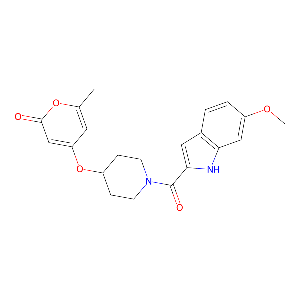 4-{[1-(6-methoxy-1H-indole-2-carbonyl)piperidin-4-yl]oxy}-6-methyl-2H-pyran-2-one molecular structure, CAS 1788680-72-7