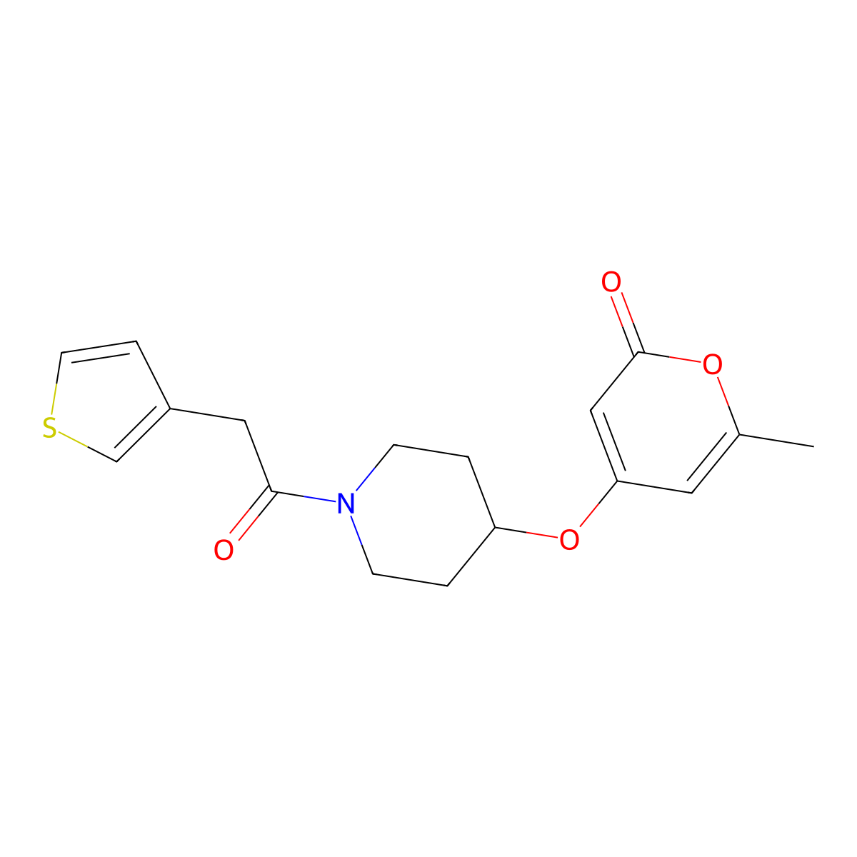 6-methyl-4-((1-(2-(thiophen-3-yl)acetyl)piperidin-4-yl)oxy)-2H-pyran-2-one molecular structure, CAS 1788680-76-1