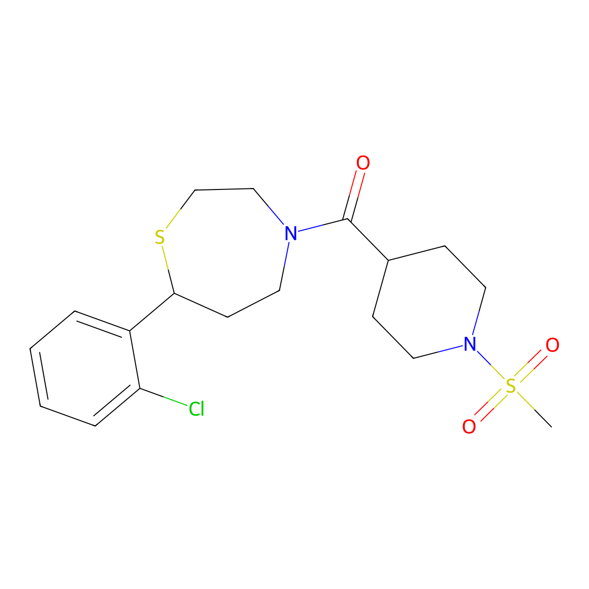 (7-(2-Chlorophenyl)-1,4-thiazepan-4-yl)(1-(methylsulfonyl)piperidin-4-yl)methanone molecular structure, CAS 1788681-08-2
