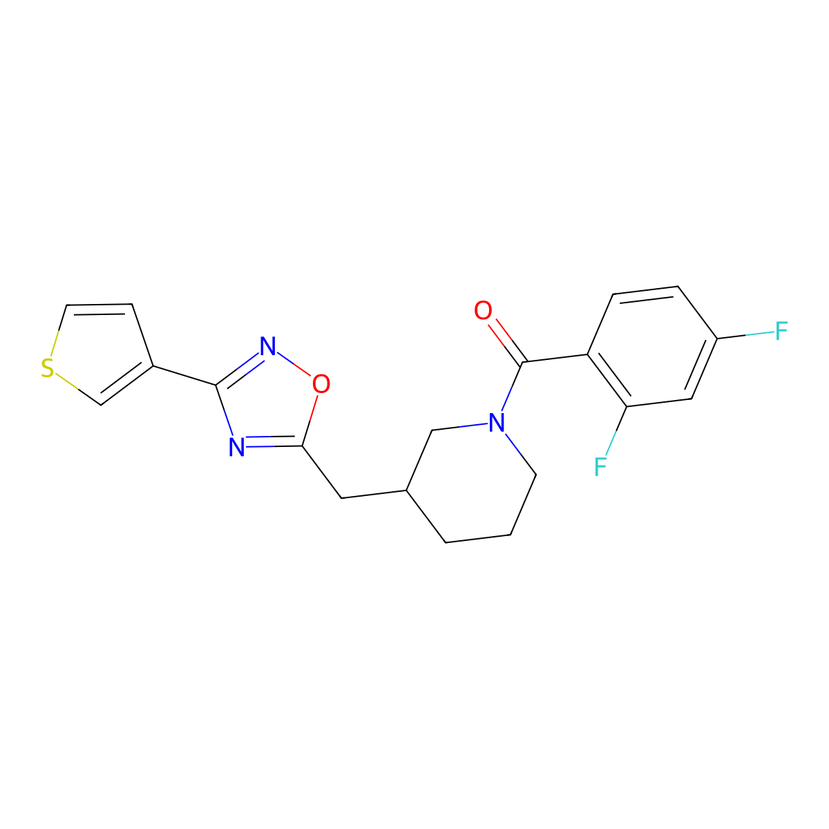 (2,4-Difluorophenyl)(3-((3-(thiophen-3-yl)-1,2,4-oxadiazol-5-yl)methyl)piperidin-1-yl)methanone molecular structure, CAS 1788681-88-8