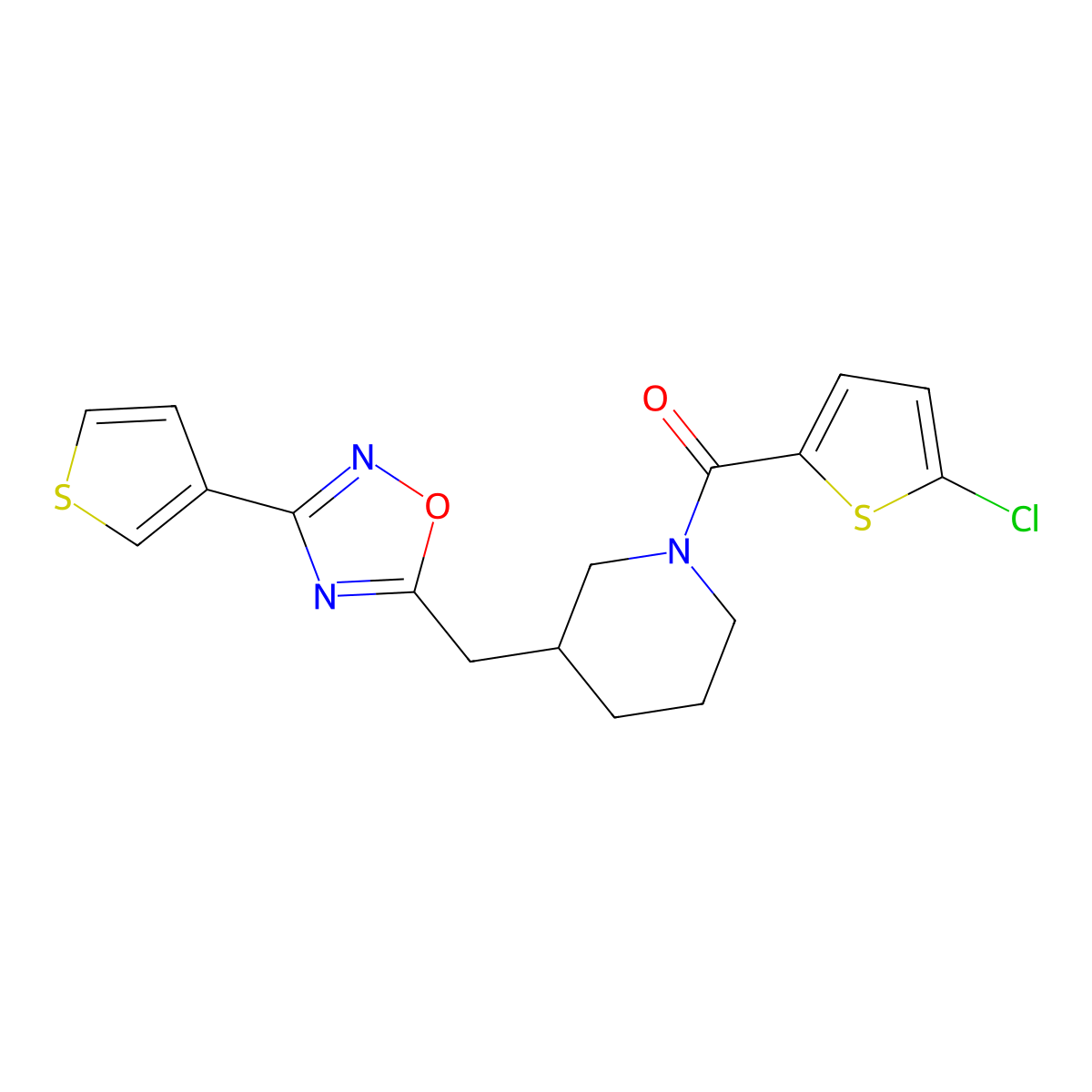 (5-Chlorothiophen-2-yl)(3-((3-(thiophen-3-yl)-1,2,4-oxadiazol-5-yl)methyl)piperidin-1-yl)methanone molecular structure, CAS 1788681-94-6