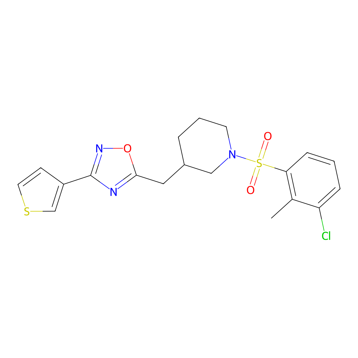 5-((1-((3-Chloro-2-methylphenyl)sulfonyl)piperidin-3-yl)methyl)-3-(thiophen-3-yl)-1,2,4-oxadiazole molecular structure, CAS 1788682-06-3
