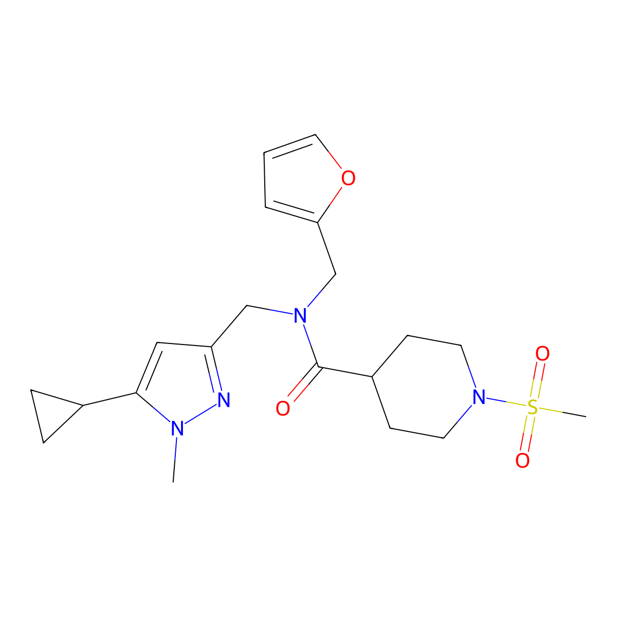N-((5-cyclopropyl-1-methyl-1H-pyrazol-3-yl)methyl)-N-(furan-2-ylmethyl)-1-(methylsulfonyl)piperidine-4-carboxamide molecular structure, CAS 1788682-09-6
