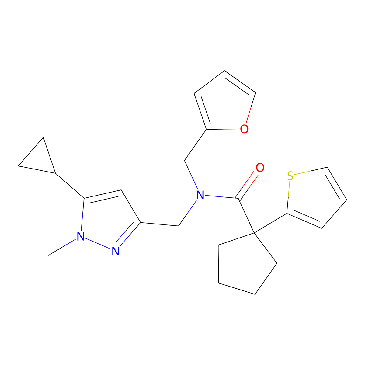 N-((5-cyclopropyl-1-methyl-1H-pyrazol-3-yl)methyl)-N-(furan-2-ylmethyl)-1-(thiophen-2-yl)cyclopentanecarboxamide molecular structure, CAS 1788682-12-1