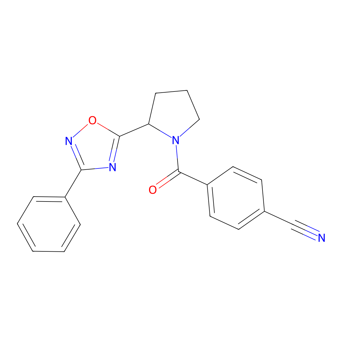 4-{[2-(3-Phenyl-1,2,4-oxadiazol-5-yl)pyrrolidin-1-yl]carbonyl}benzonitrile molecular structure, CAS 1788753-84-3