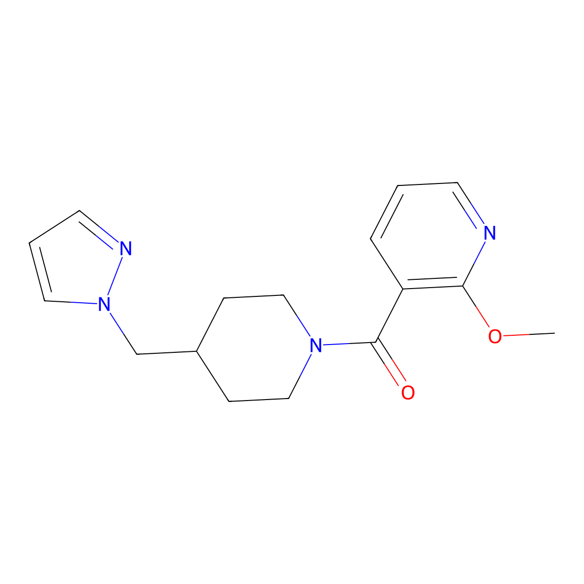 (4-((1H-pyrazol-1-yl)methyl)piperidin-1-yl)(2-methoxypyridin-3-yl)methanone molecular structure, CAS 1788769-15-2