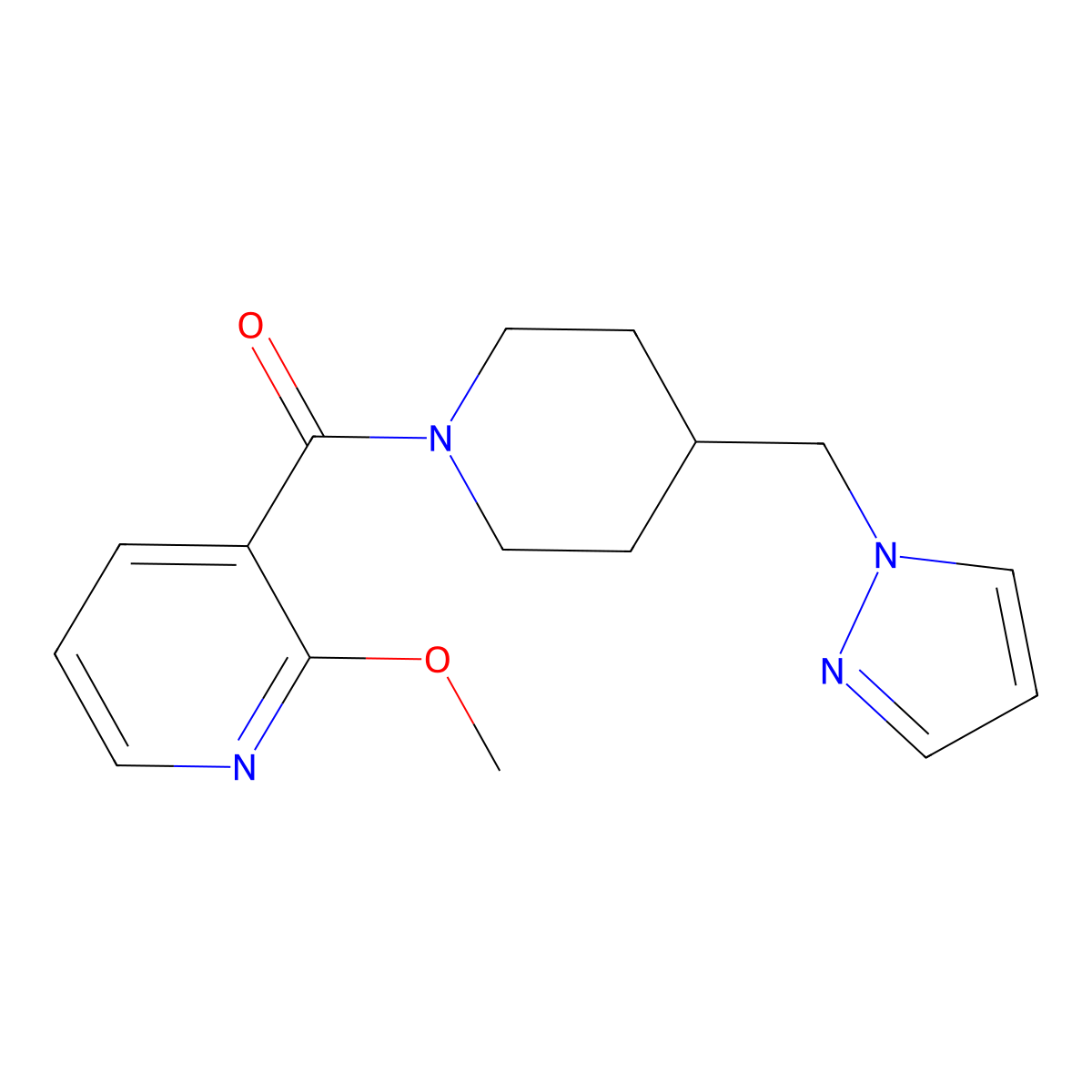 (4-((1H-pyrazol-1-yl)methyl)piperidin-1-yl)(2-methoxypyridin-3-yl)methanone molecular structure, CAS 1788769-15-2