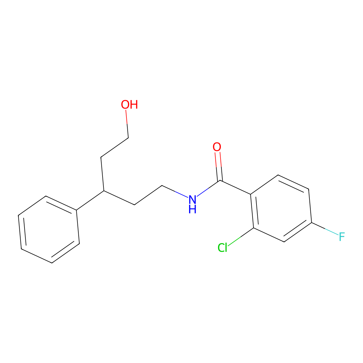 2-chloro-4-fluoro-N-(5-hydroxy-3-phenylpentyl)benzamide molecular structure, CAS 1788769-33-4