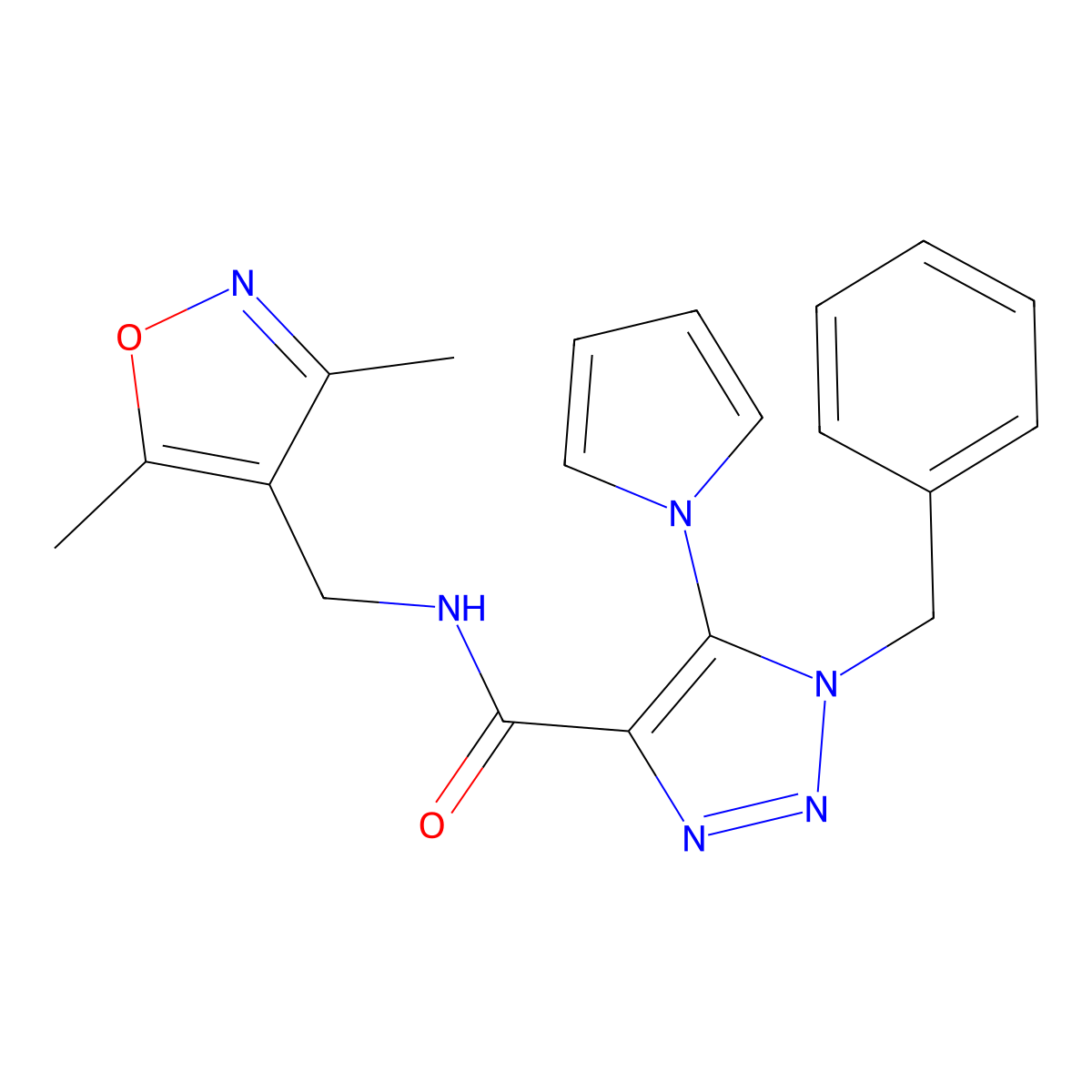 1-benzyl-N-((3,5-dimethylisoxazol-4-yl)methyl)-5-(1H-pyrrol-1-yl)-1H-1,2,3-triazole-4-carboxamide molecular structure, CAS 1788769-82-3