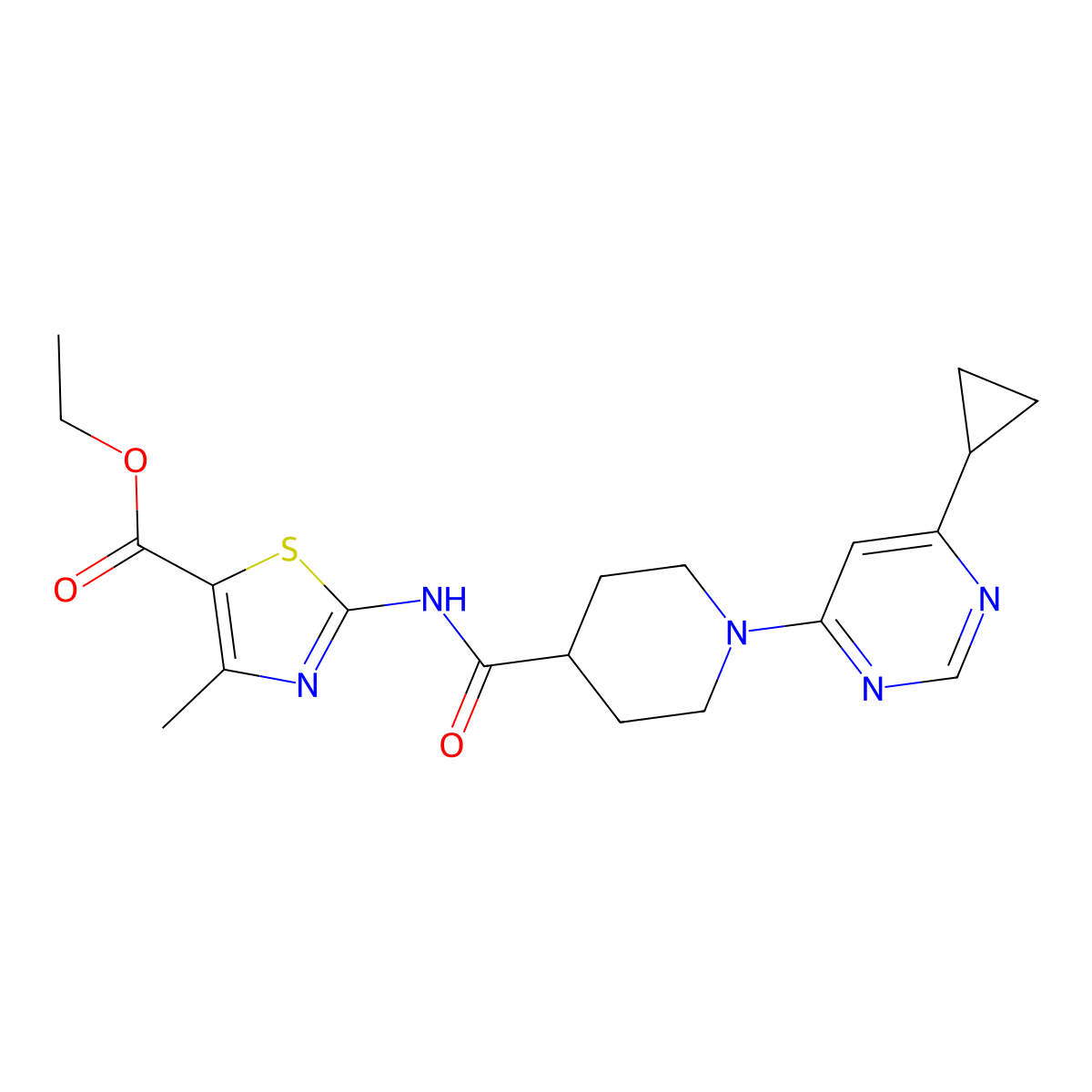 Ethyl 2-(1-(6-cyclopropylpyrimidin-4-yl)piperidine-4-carboxamido)-4-methylthiazole-5-carboxylate molecular structure, CAS 1788770-06-8