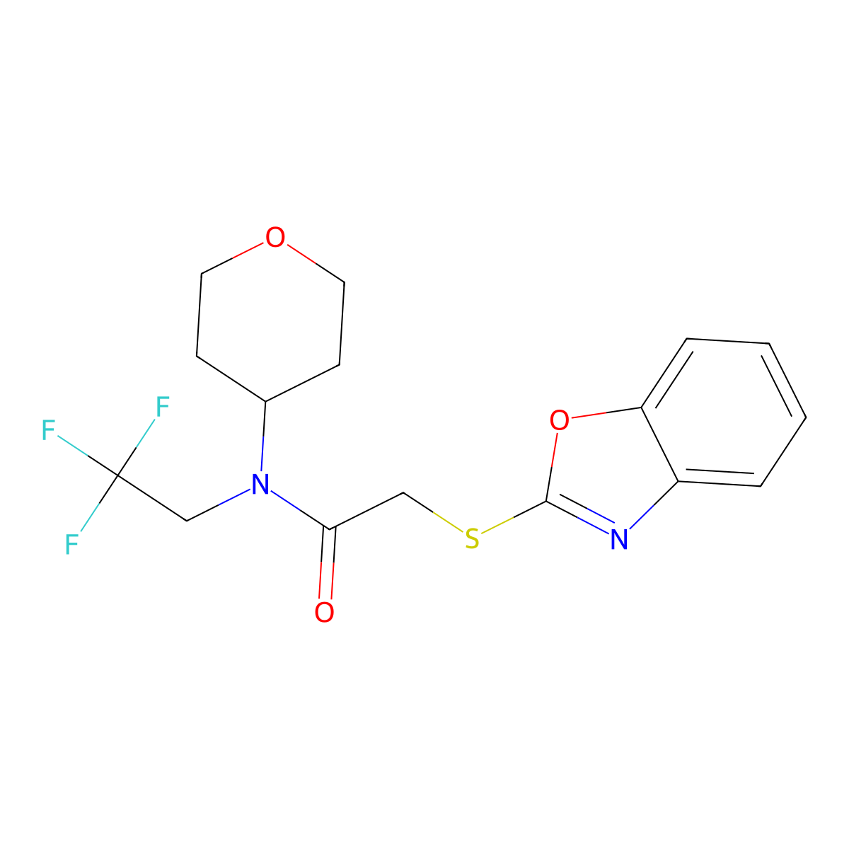 2-(1,3-benzoxazol-2-ylsulfanyl)-N-(oxan-4-yl)-N-(2,2,2-trifluoroethyl)acetamide molecular structure, CAS 1788770-09-1