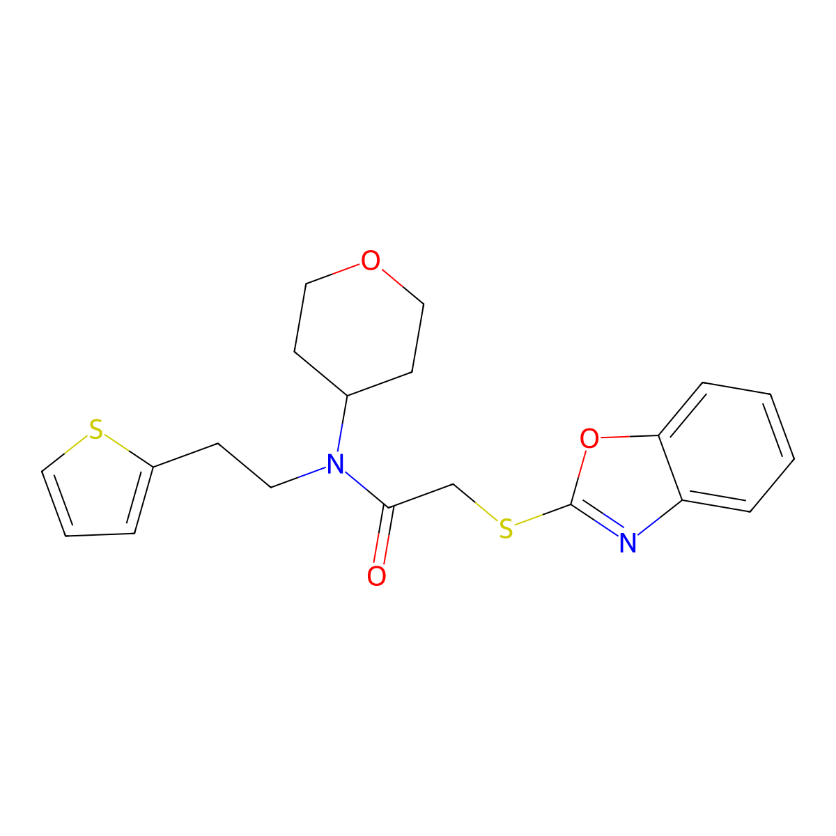 2-(benzo[d]oxazol-2-ylthio)-N-(tetrahydro-2H-pyran-4-yl)-N-(2-(thiophen-2-yl)ethyl)acetamide molecular structure, CAS 1788770-88-6