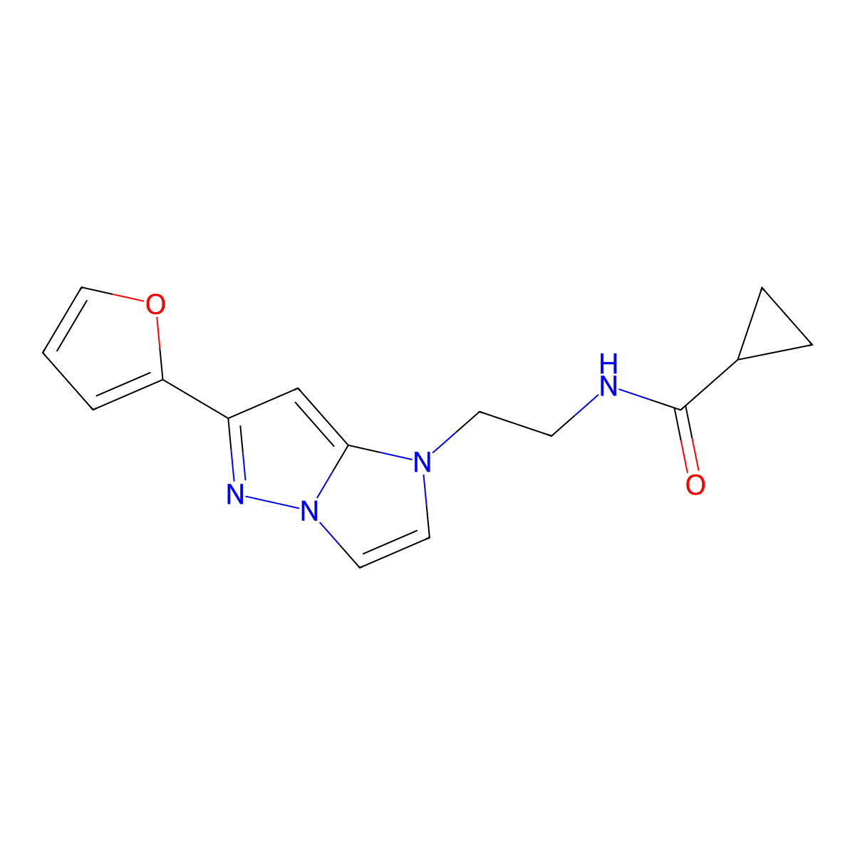 N-(2-(6-(furan-2-yl)-1H-imidazo[1,2-b]pyrazol-1-yl)ethyl)cyclopropanecarboxamide molecular structure, CAS 1788773-41-0