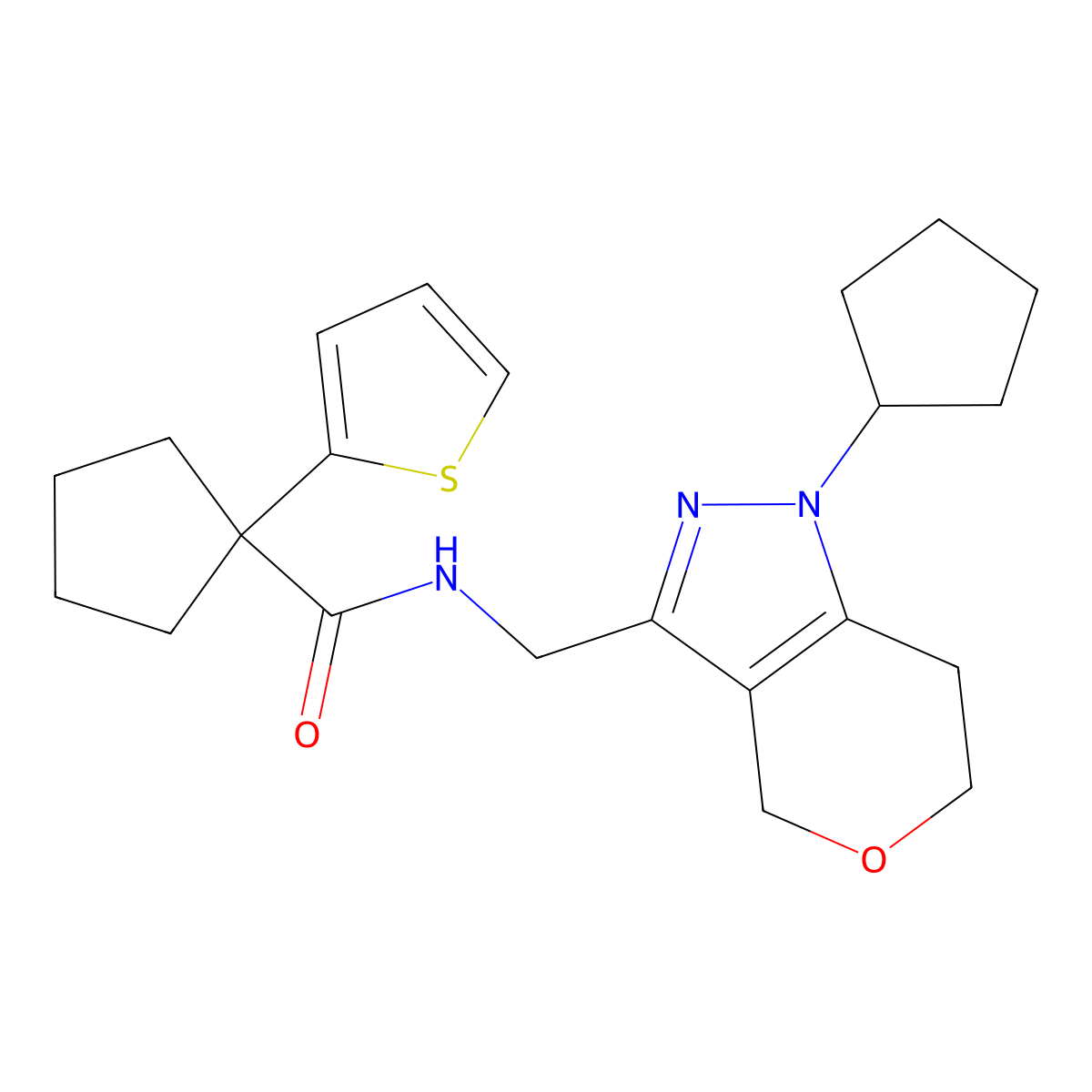 N-((1-cyclopentyl-1,4,6,7-tetrahydropyrano[4,3-c]pyrazol-3-yl)methyl)-1-(thiophen-2-yl)cyclopentanecarboxamide molecular structure, CAS 1788773-65-8
