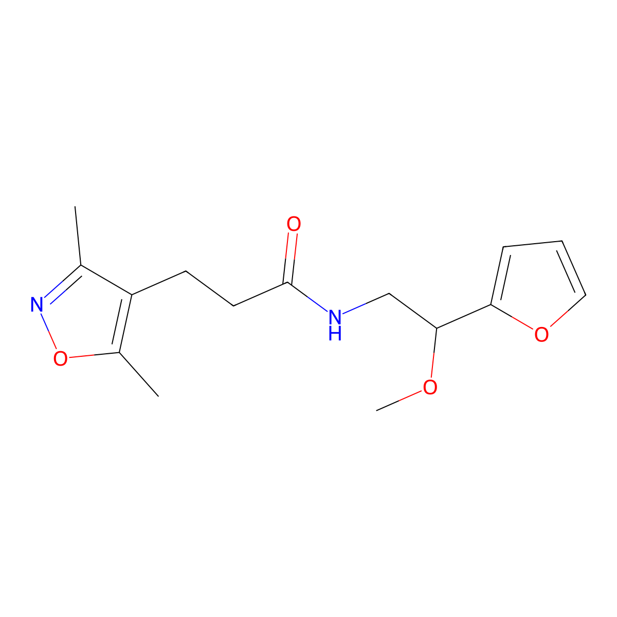 3-(3,5-dimethylisoxazol-4-yl)-N-(2-(furan-2-yl)-2-methoxyethyl)propanamide molecular structure, CAS 1788783-93-6
