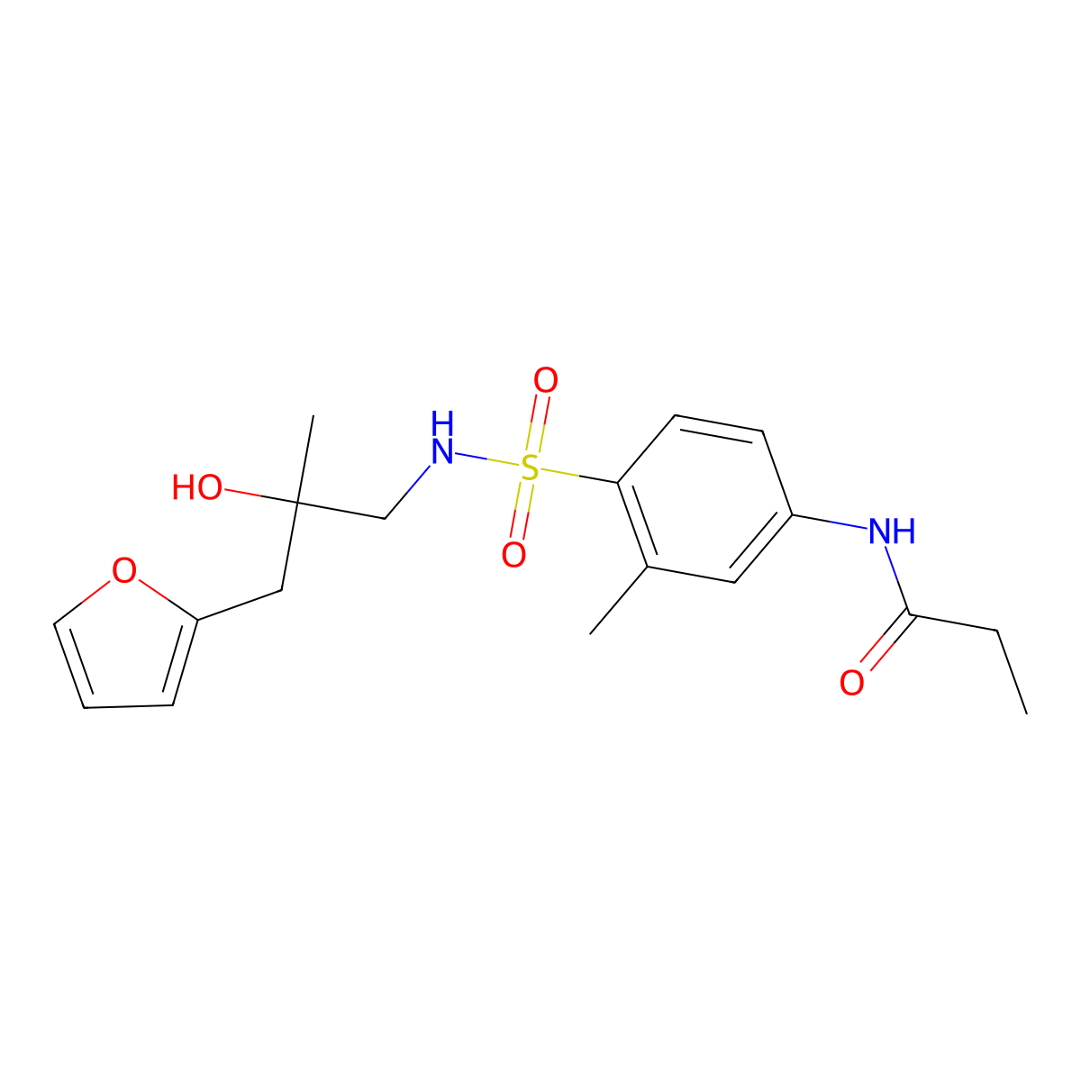 N-(4-(N-(3-(furan-2-yl)-2-hydroxy-2-methylpropyl)sulfamoyl)-3-methylphenyl)propionamide molecular structure, CAS 1788833-12-4