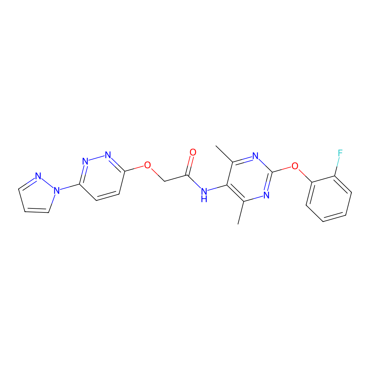 2-((6-(1H-pyrazol-1-yl)pyridazin-3-yl)oxy)-N-(2-(2-fluorophenoxy)-4,6-dimethylpyrimidin-5-yl)acetamide molecular structure, CAS 1788843-02-6