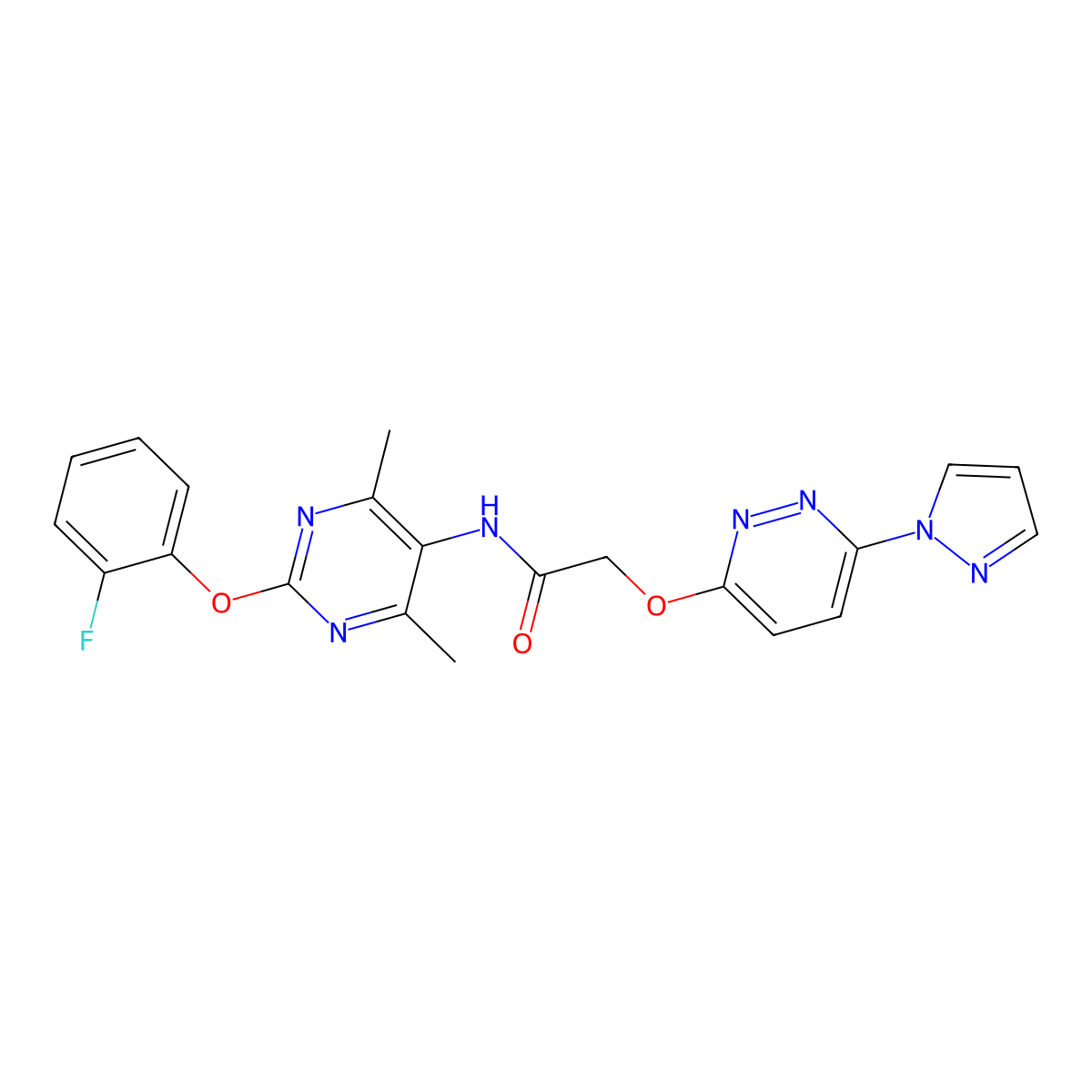 2-((6-(1H-pyrazol-1-yl)pyridazin-3-yl)oxy)-N-(2-(2-fluorophenoxy)-4,6-dimethylpyrimidin-5-yl)acetamide molecular structure, CAS 1788843-02-6