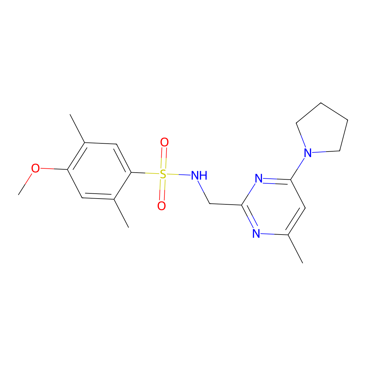 4-methoxy-2,5-dimethyl-N-((4-methyl-6-(pyrrolidin-1-yl)pyrimidin-2-yl)methyl)benzenesulfonamide molecular structure, CAS 1788843-17-3