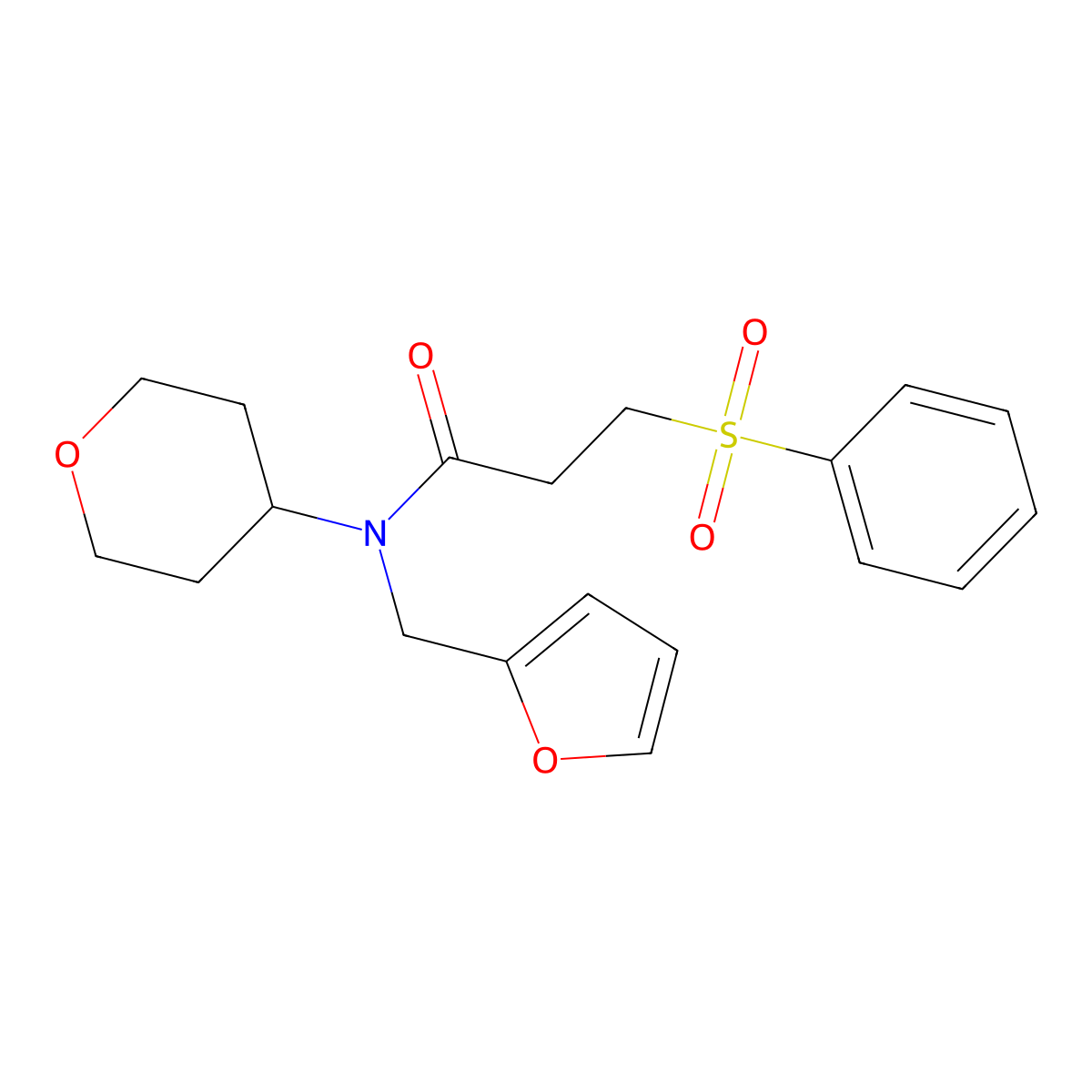 N-(furan-2-ylmethyl)-3-(phenylsulfonyl)-N-(tetrahydro-2H-pyran-4-yl)propanamide molecular structure, CAS 1788843-83-3