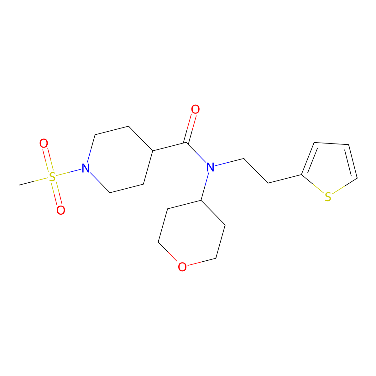 1-(methylsulfonyl)-N-(tetrahydro-2H-pyran-4-yl)-N-(2-(thiophen-2-yl)ethyl)piperidine-4-carboxamide molecular structure, CAS 1788843-90-2