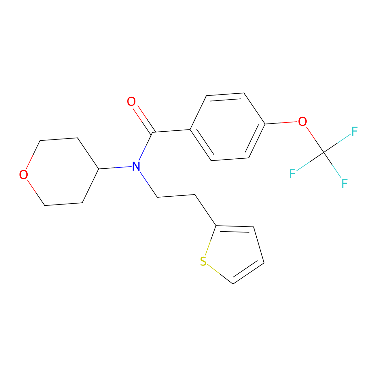 N-(tetrahydro-2H-pyran-4-yl)-N-(2-(thiophen-2-yl)ethyl)-4-(trifluoromethoxy)benzamide molecular structure, CAS 1788844-19-8