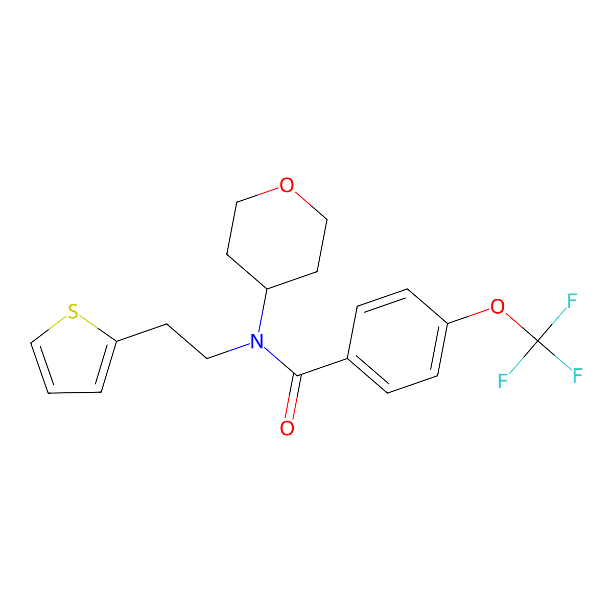 N-(tetrahydro-2H-pyran-4-yl)-N-(2-(thiophen-2-yl)ethyl)-4-(trifluoromethoxy)benzamide molecular structure, CAS 1788844-19-8