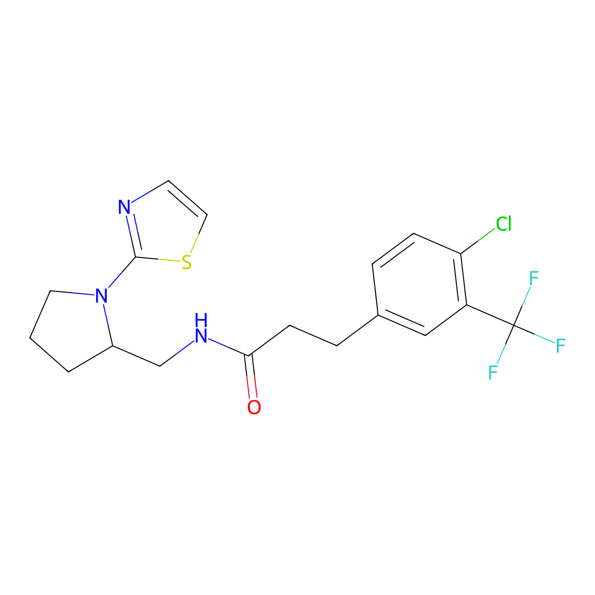 3-(4-chloro-3-(trifluoromethyl)phenyl)-N-((1-(thiazol-2-yl)pyrrolidin-2-yl)methyl)propanamide molecular structure, CAS 1788844-29-0