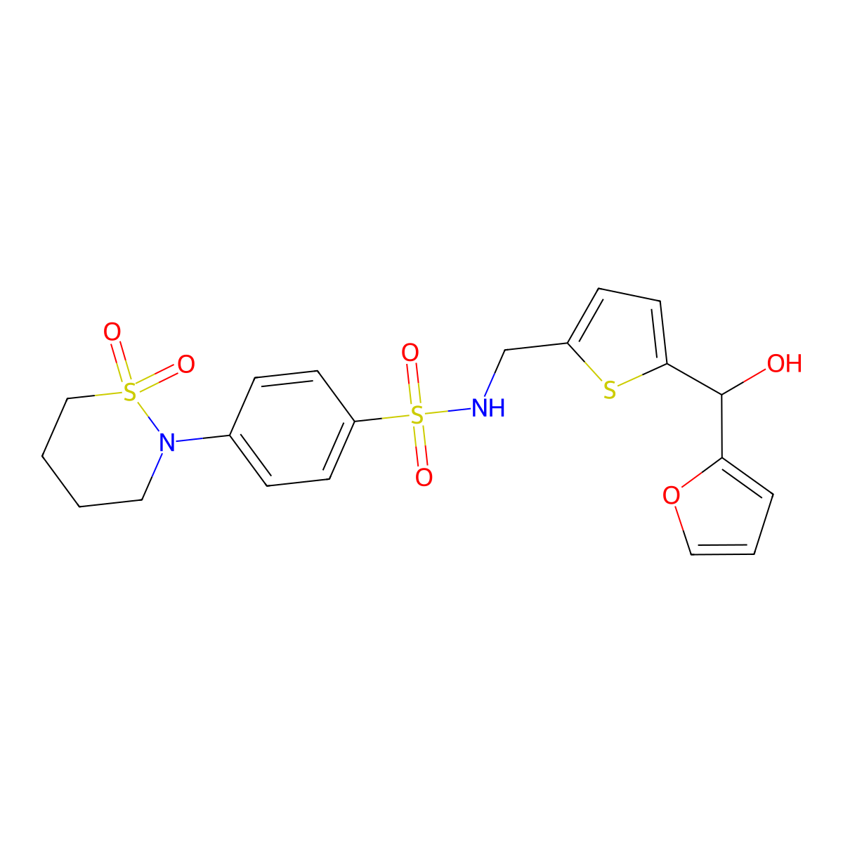 4-(1,1-dioxido-1,2-thiazinan-2-yl)-N-((5-(furan-2-yl(hydroxy)methyl)thiophen-2-yl)methyl)benzenesulfonamide molecular structure, CAS 1788844-44-9