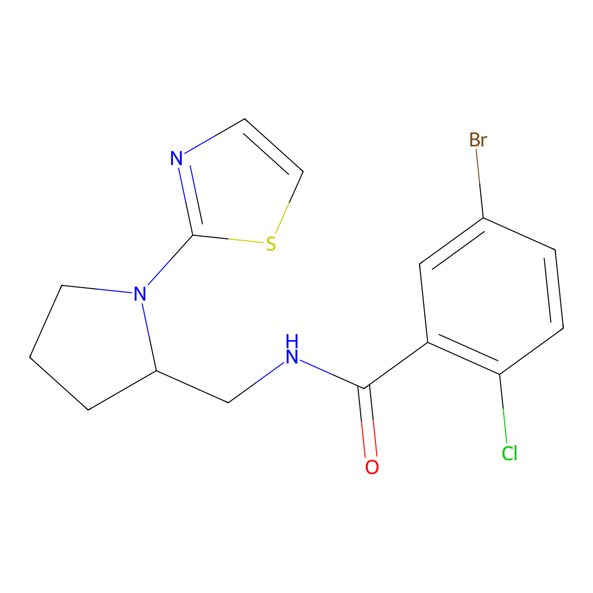 5-bromo-2-chloro-N-((1-(thiazol-2-yl)pyrrolidin-2-yl)methyl)benzamide molecular structure, CAS 1788844-47-2