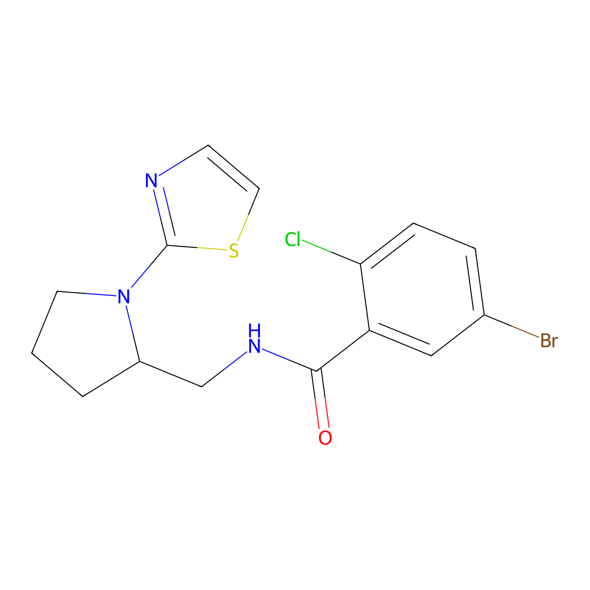 5-bromo-2-chloro-N-((1-(thiazol-2-yl)pyrrolidin-2-yl)methyl)benzamide molecular structure, CAS 1788844-47-2
