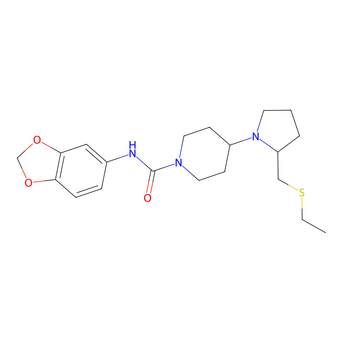 N-(benzo[d][1,3]dioxol-5-yl)-4-(2-((ethylthio)methyl)pyrrolidin-1-yl)piperidine-1-carboxamide molecular structure, CAS 1788844-62-1