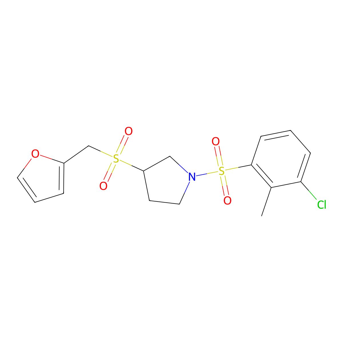 1-((3-Chloro-2-methylphenyl)sulfonyl)-3-((furan-2-ylmethyl)sulfonyl)pyrrolidine molecular structure, CAS 1788845-96-4