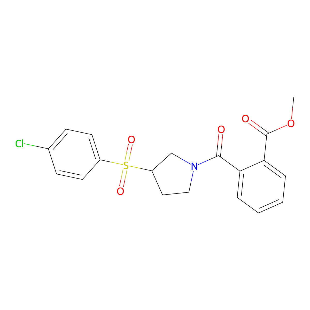 Methyl 2-(3-((4-chlorophenyl)sulfonyl)pyrrolidine-1-carbonyl)benzoate molecular structure, CAS 1788846-15-0