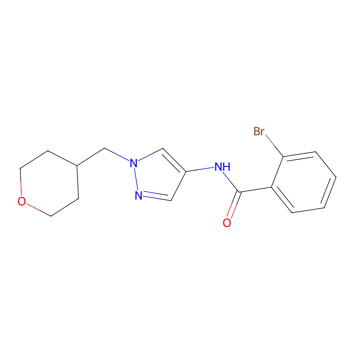 2-bromo-N-(1-((tetrahydro-2H-pyran-4-yl)methyl)-1H-pyrazol-4-yl)benzamide molecular structure, CAS 1788846-23-0