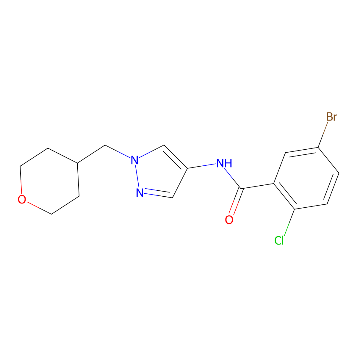 5-bromo-2-chloro-N-(1-((tetrahydro-2H-pyran-4-yl)methyl)-1H-pyrazol-4-yl)benzamide molecular structure, CAS 1788846-30-9