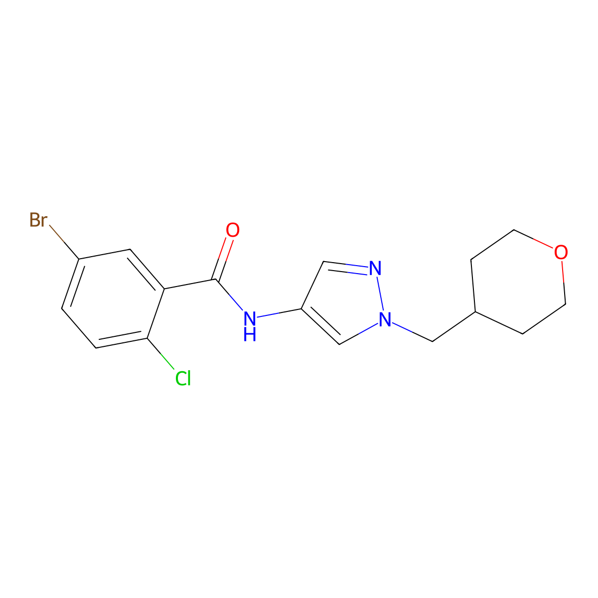 5-bromo-2-chloro-N-(1-((tetrahydro-2H-pyran-4-yl)methyl)-1H-pyrazol-4-yl)benzamide molecular structure, CAS 1788846-30-9