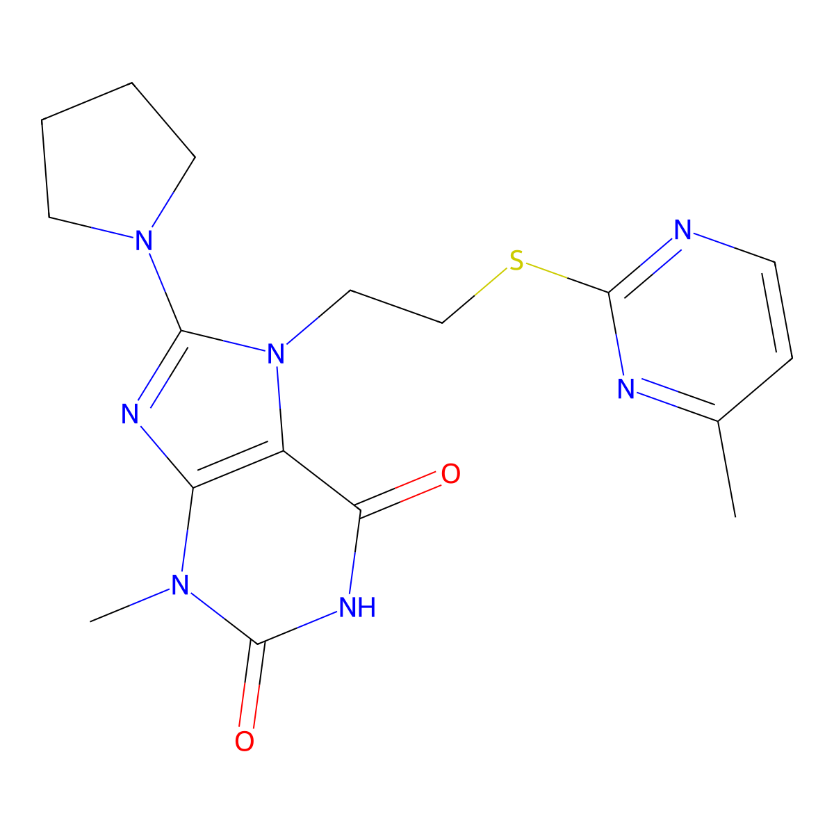3-Methyl-7-[2-(4-methylpyrimidin-2-yl)sulfanylethyl]-8-pyrrolidin-1-ylpurine-2,6-dione molecular structure, CAS 1788852-68-5