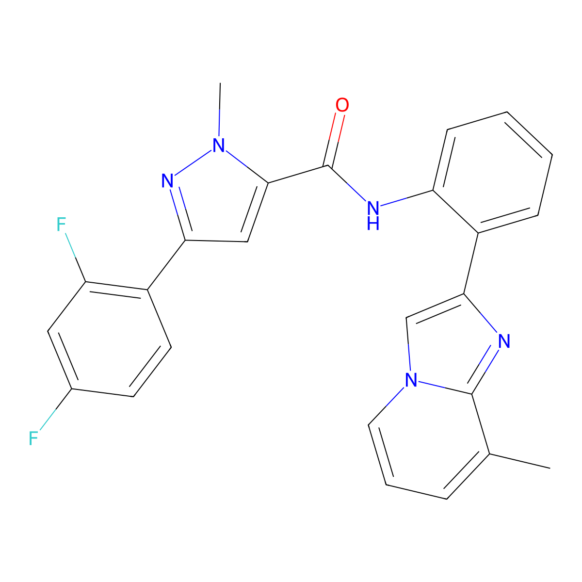 3-(2,4-difluorophenyl)-1-methyl-N-(2-(8-methylimidazo[1,2-a]pyridin-2-yl)phenyl)-1H-pyrazole-5-carboxamide molecular structure, CAS 1788948-92-4