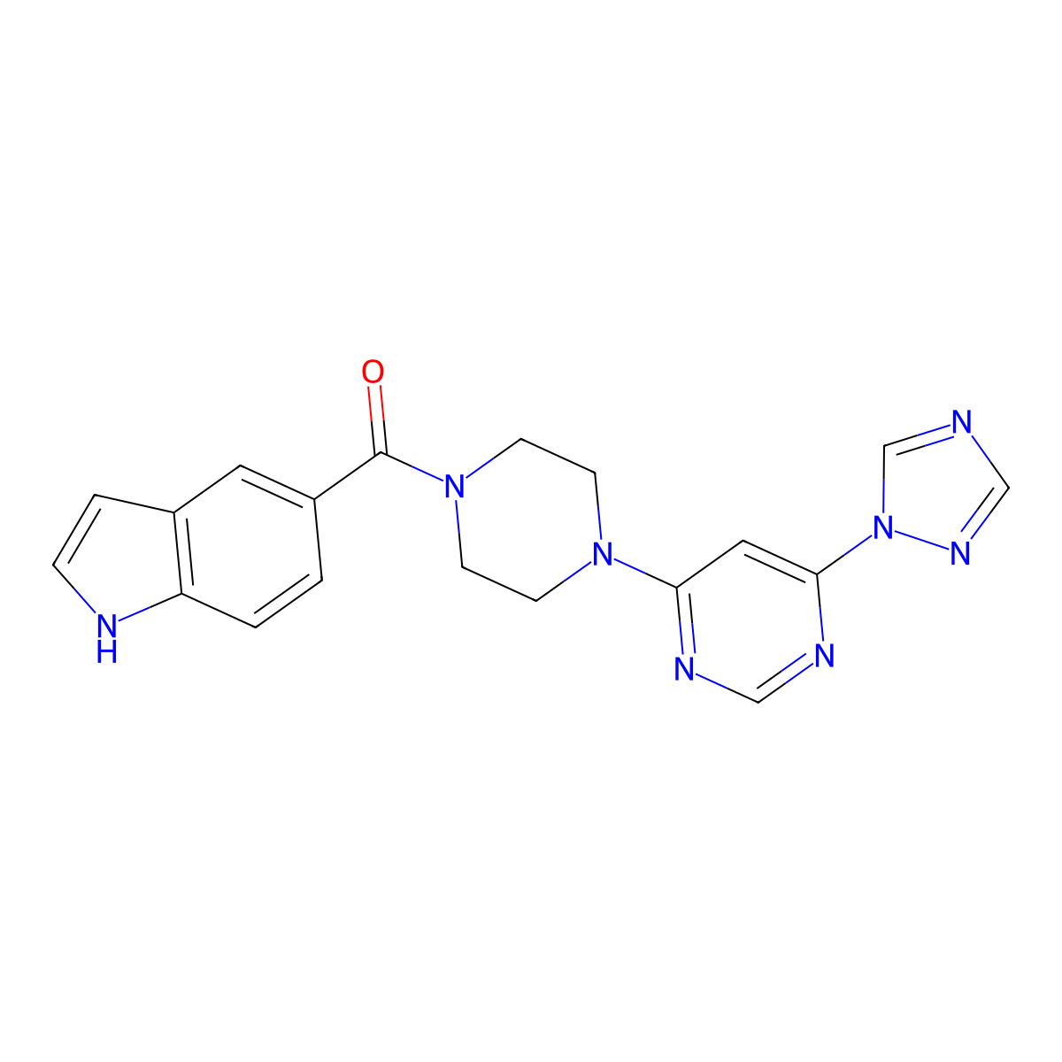 (4-(6-(1H-1,2,4-triazol-1-yl)pyrimidin-4-yl)piperazin-1-yl)(1H-indol-5-yl)methanone molecular structure, CAS 1788949-04-1